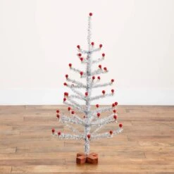 3 Ft. Artificial Retro Silver Tinsel Christmas Tree With 45-Red Mini Ornament Balls And Wooden Base -Christmas Gift Shop nearly natural unlit christmas trees t5401 44 1000