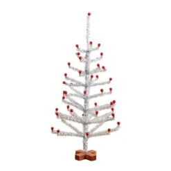 3 Ft. Artificial Retro Silver Tinsel Christmas Tree With 45-Red Mini Ornament Balls And Wooden Base