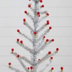 4 Ft. Artificial Retro Silver Tinsel Christmas Tree With 50-Red Mini Ornament Balls And Wooden Base -Christmas Gift Shop nearly natural unlit christmas trees t5402 1f 1000