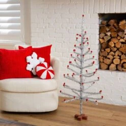4 Ft. Artificial Retro Silver Tinsel Christmas Tree With 50-Red Mini Ornament Balls And Wooden Base -Christmas Gift Shop nearly natural unlit christmas trees t5402 31 1000