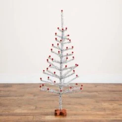 4 Ft. Artificial Retro Silver Tinsel Christmas Tree With 50-Red Mini Ornament Balls And Wooden Base -Christmas Gift Shop nearly natural unlit christmas trees t5402 fa 1000